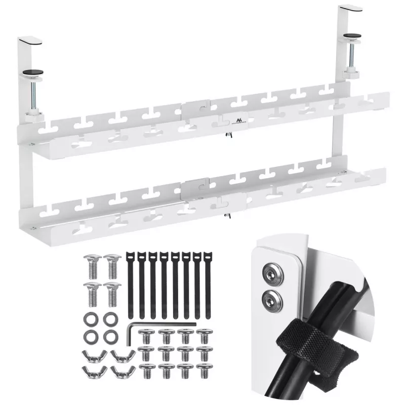 Under-desk cable organizer MACLEAN MC-102W — steel under-desk mount, adjustable length, fits 0.5–5 cm desks, load 5 kg, white