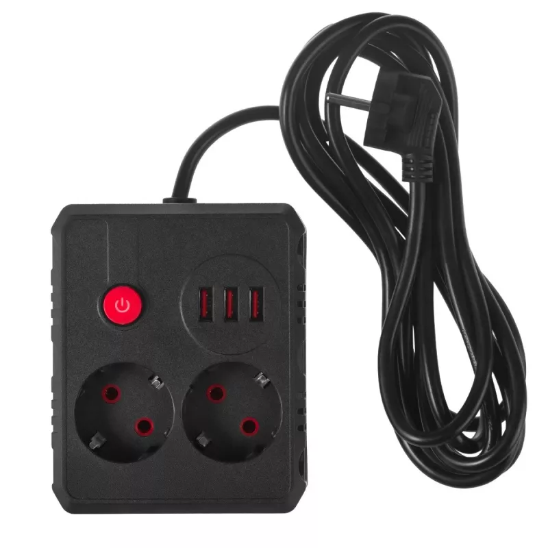 Power strip MACLEAN MCE388 B — 2 AC sockets, 3×USB A, 110–120V 50/60Hz, 2500W, 3 m cable, black