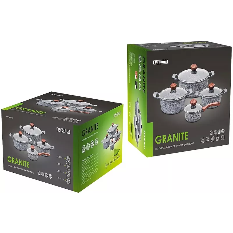 PROMIS Granite Cookware Set, 16 cm Saucepan and 20, 24, 28 cm Pots, Brown Handles