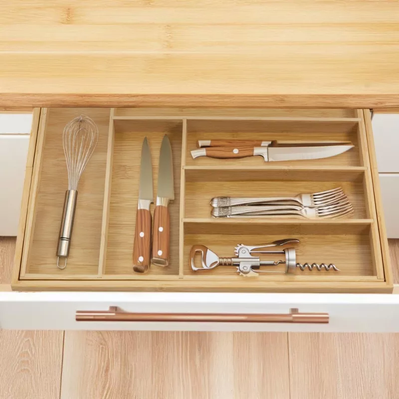 Cutlery drawer organiser GreenBlue GB379 bamboo insert with compartments, natural finish