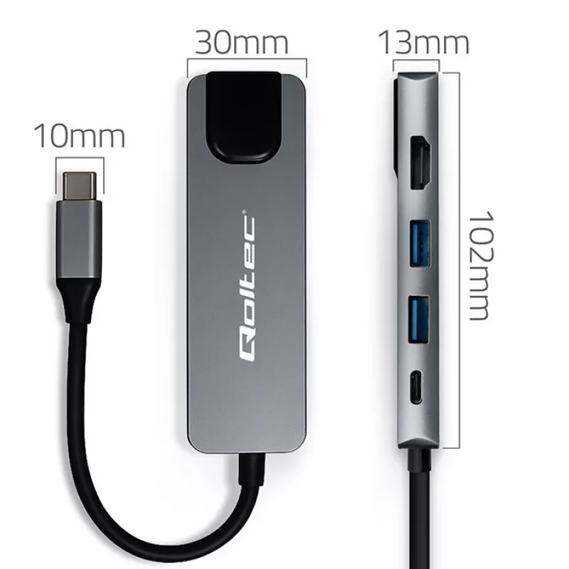 USB-C Hub QOLTEC 53795 5‑in‑1 with 100W PD, 2×USB-A, HDMI 4K, RJ45