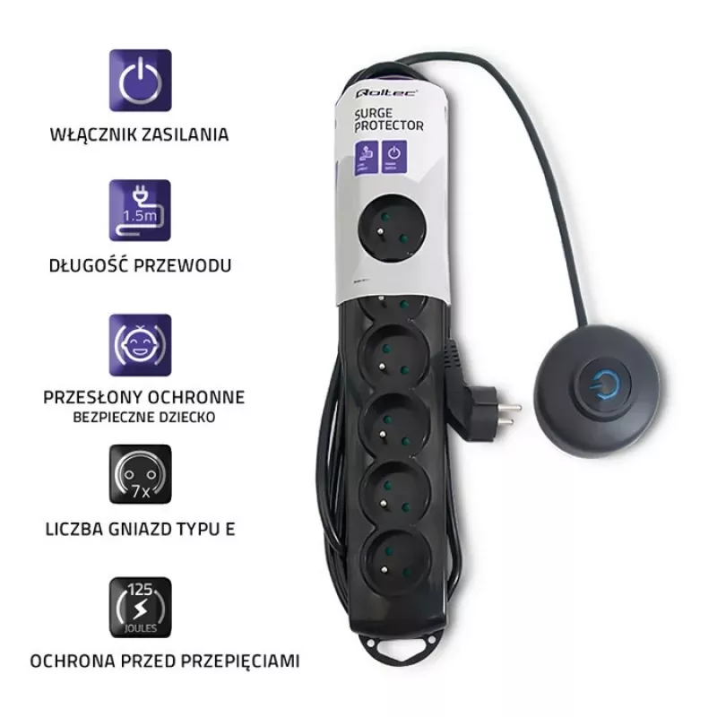 Surge Protector Qoltec 50171 Black 7 AC Outlets 230V 1.5m