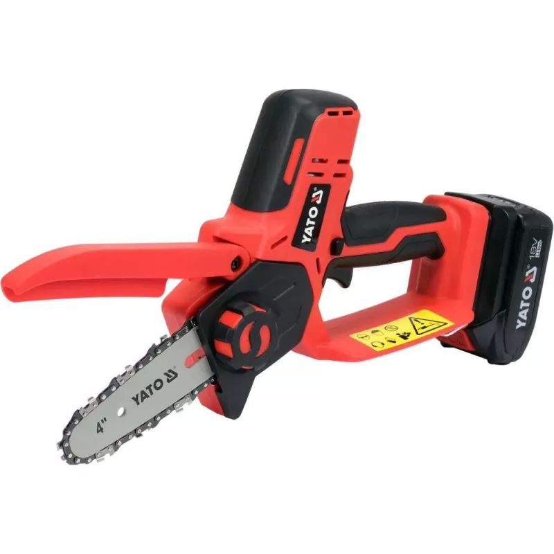 Cordless chainsaw YATO YT-828135 — 18V Li-Ion 2Ah, 10 cm bar, 3200 RPM, 4.8 m/s chain speed, 26 links