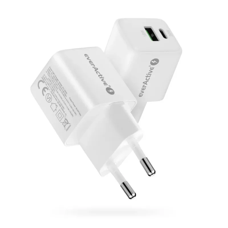Wall charger everActive SC-330Q with 1x USB-A and 1x USB-C ports, 20W, white