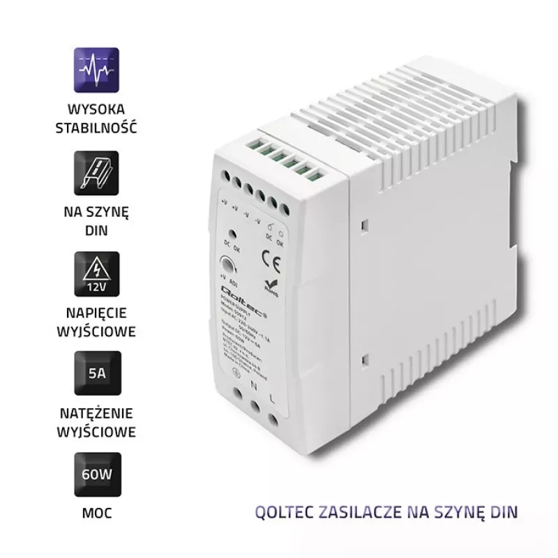 Qoltec Din Rail Power Supply | 60W | 12V | 5A | White | Slim