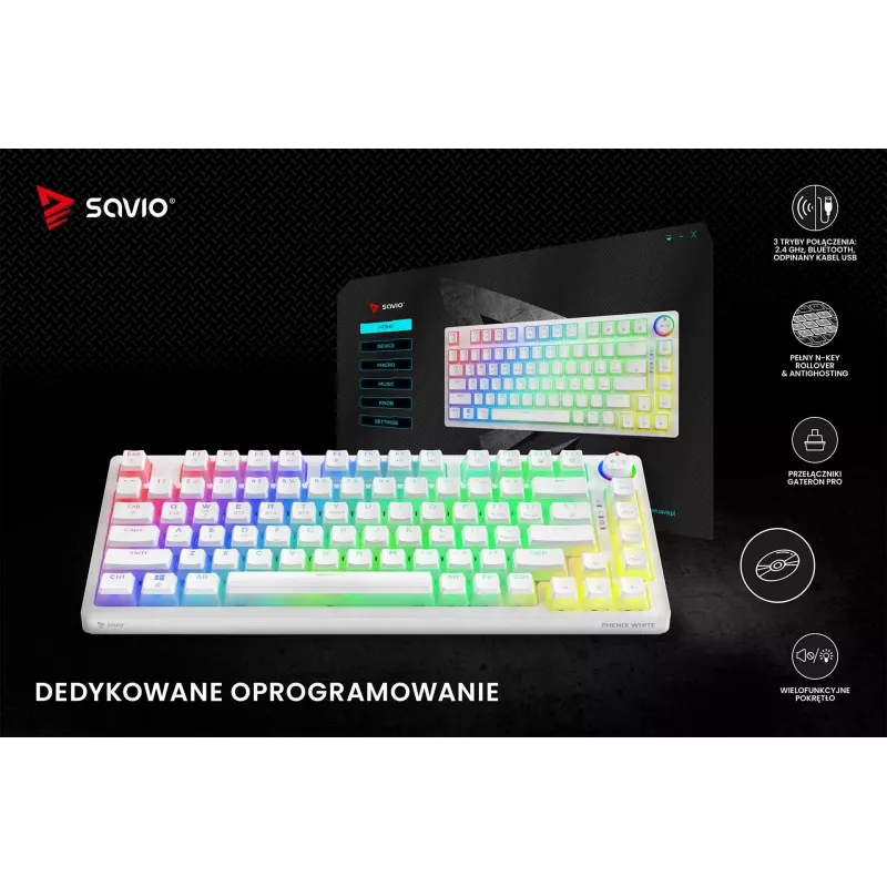 Gaming Keyboard Savio Phenix WHITE GAT RED PUD Wired Wireless USB Bluetooth RGB LED
