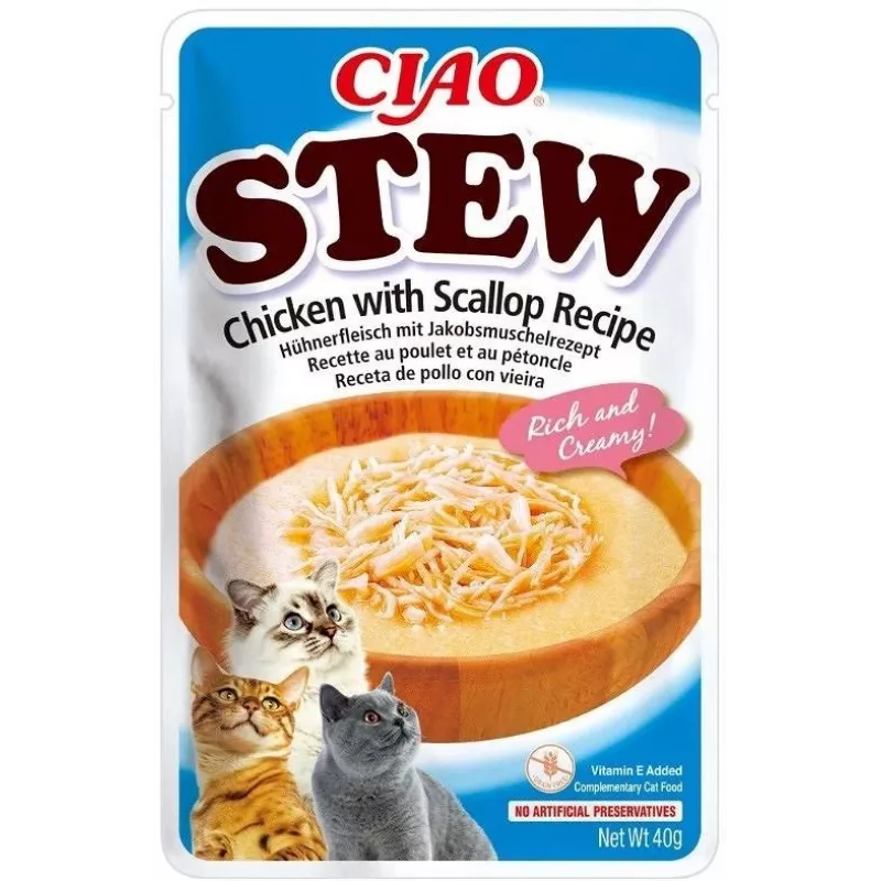Wet cat treats INABA Ciao Stew Chicken & Scallop pouch 40 g — grain-free, adult, meaty