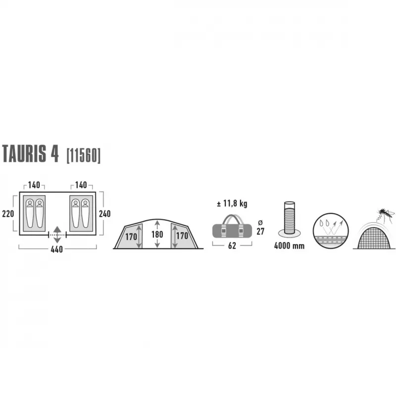 High Peak Tauris 4 Green, Grey Tunnel tent 11560