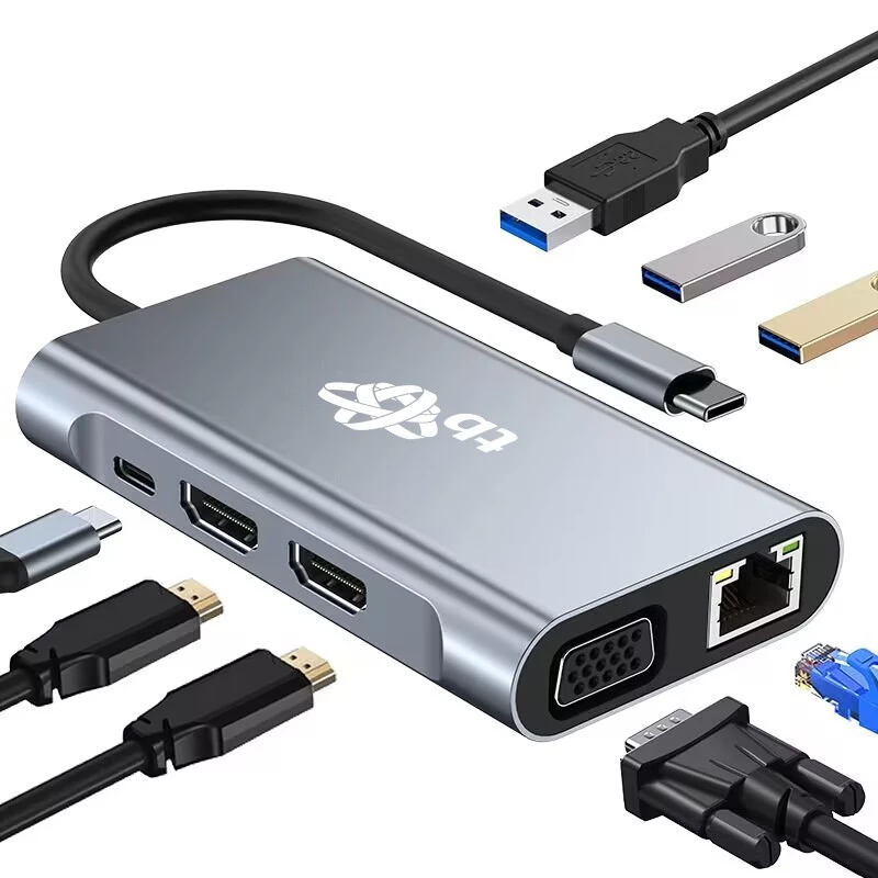 HUB 8in1 Adapter USB C HDMI x2 USB VGA RJ45 PD