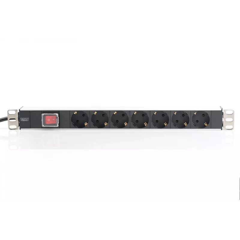DIGITUS DN-95402 7-Way Aluminum PDU Power Strip with Switch, 2m Cable, 19 inch 1U Rackmount, 16A/4000W