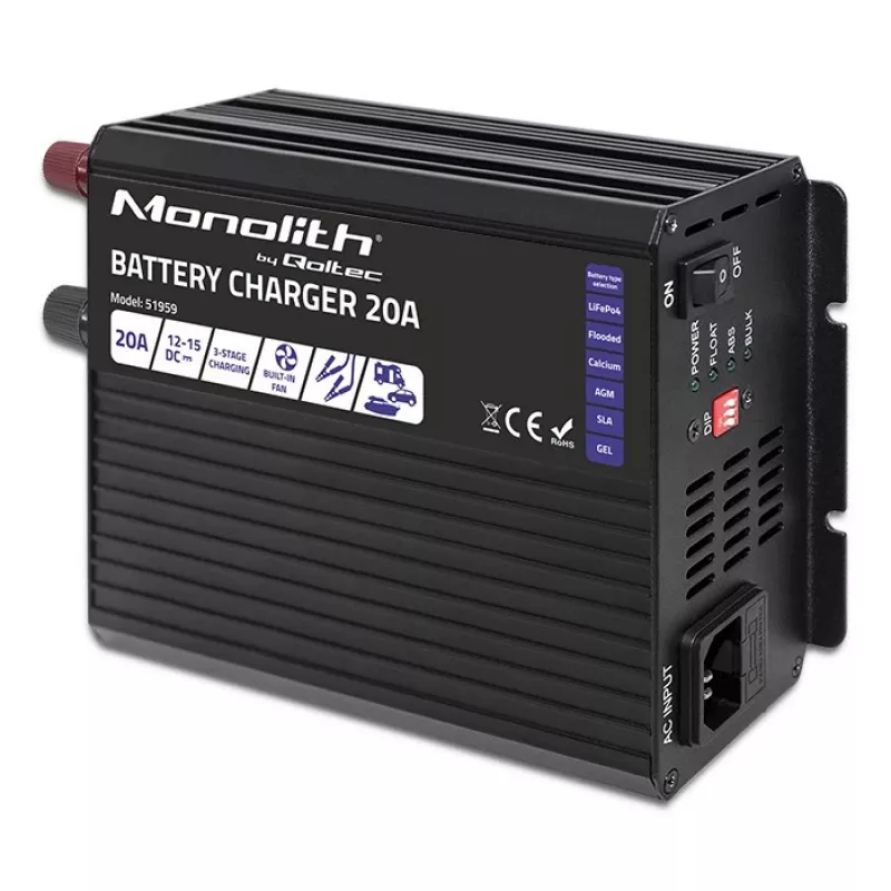Charger QOLTEC Monolith 20A 12V for LiFePO4, AGM, GEL, SLA batteries