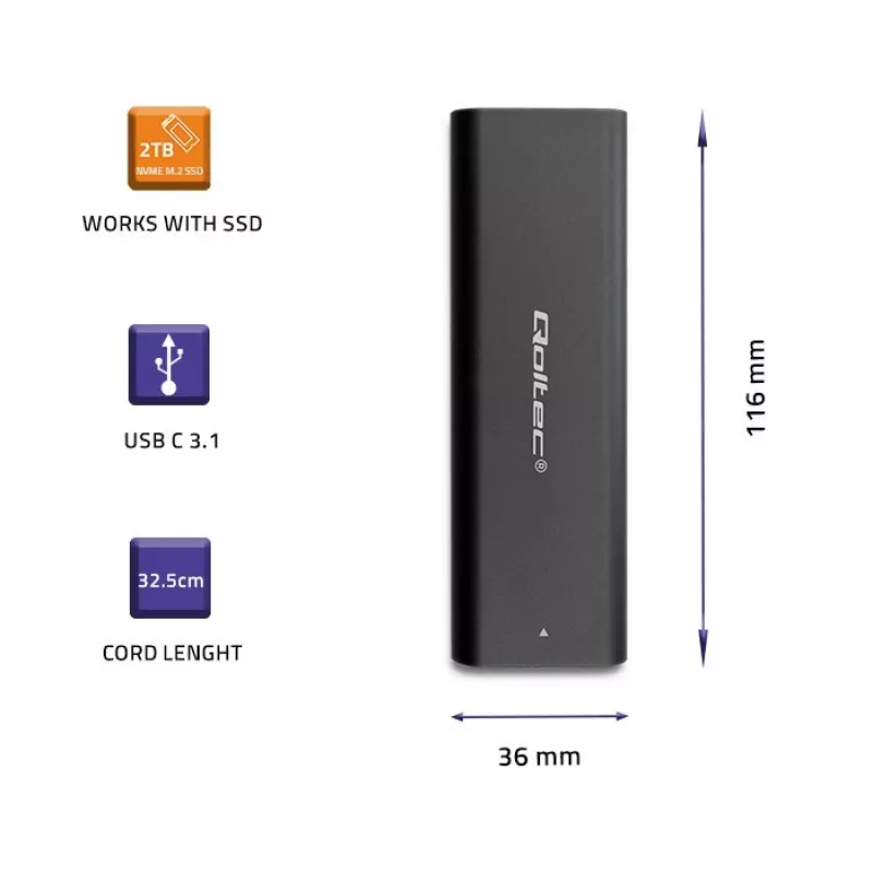 SSD enclosure QOLTEC 50312 Black for single M.2 SATA drive, USB Type-C (USB 2.0 / 3.2 Gen 1)