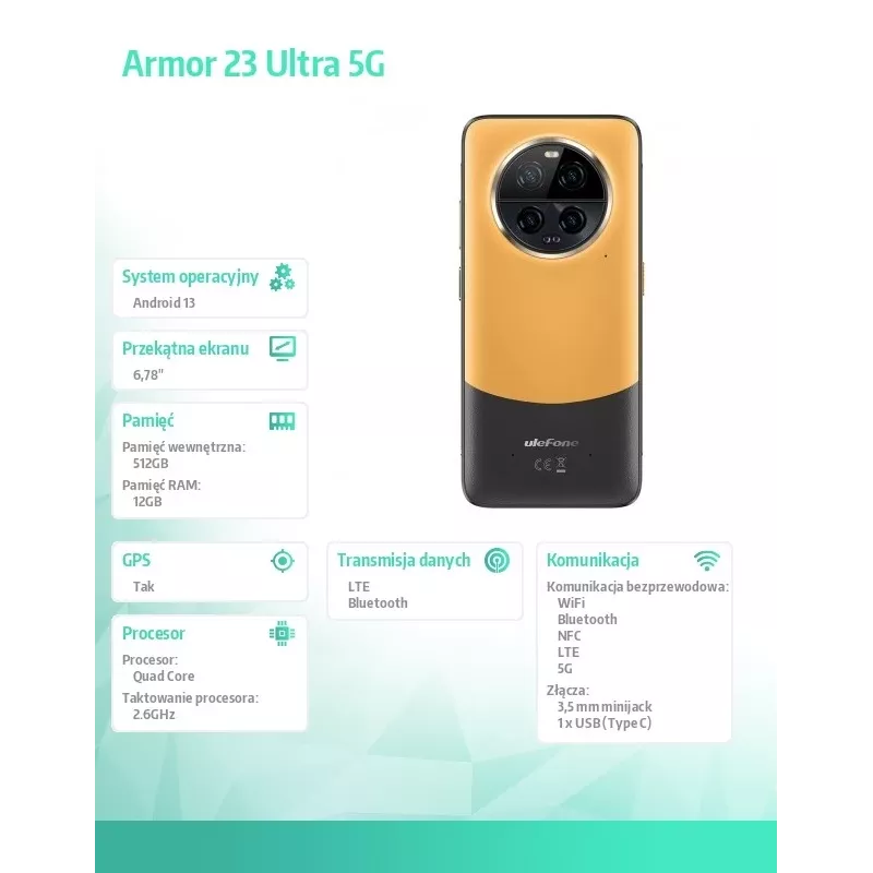 Rugged smartphone UleFone Armor 23 Ultra 5G — 12GB RAM, 512GB storage, Orange