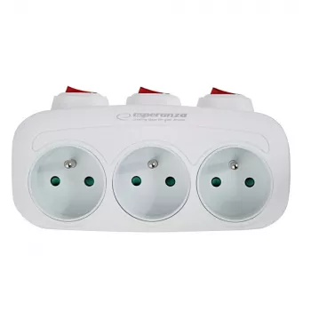 Power splitter ESPERANZA ELK307W — 3-socket switched indoor adapter, Type E plug, 220–240V, 16A, 3680W, white