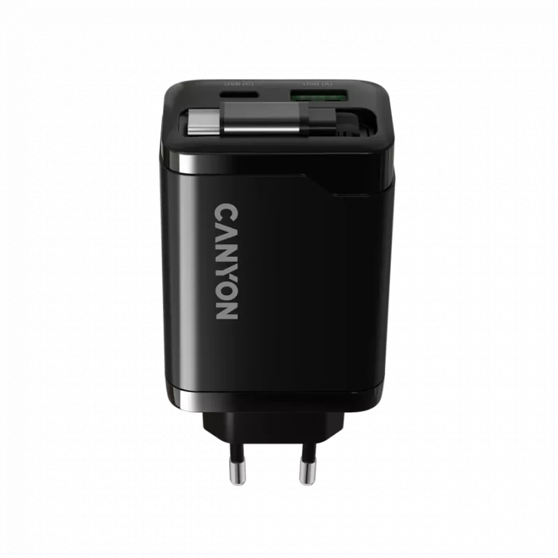 Charger CANYON OnCharge 65RC with built-in USB-C cable, 65W, 1x PD, 1x QC, EU plug, Black