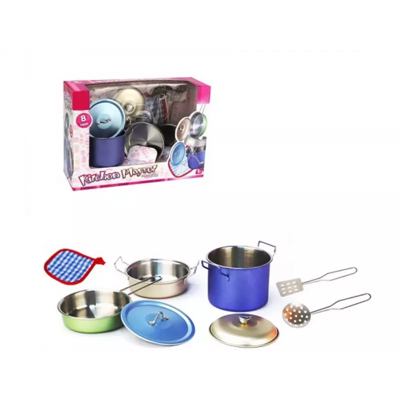 Metal kitchen set 8 pieces by Madej — toy metal cookware and utensils, play kitchen accessories