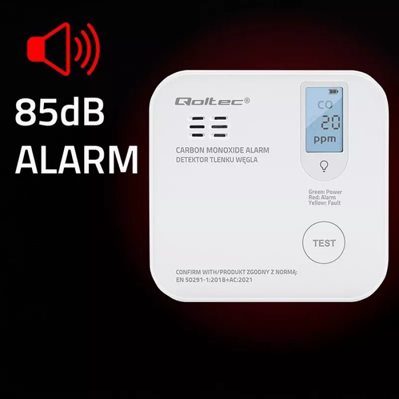 Carbon monoxide sensor QOLTEC 52577 — battery-powered alarm, 85 dB sound level