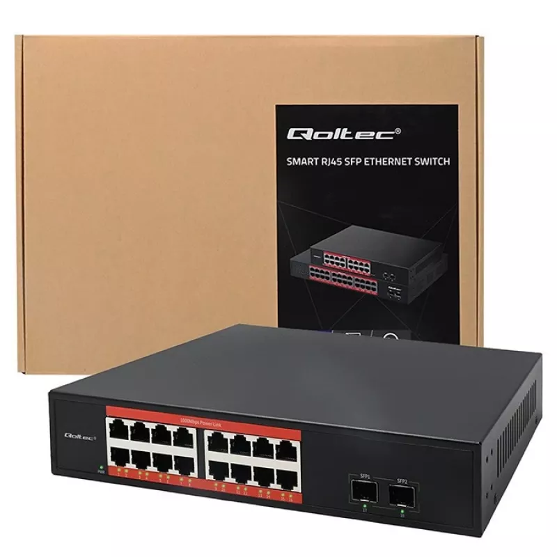 Network switch QOLTEC 52364 — Gigabit Ethernet PoE 16xRJ45, 2xSFP