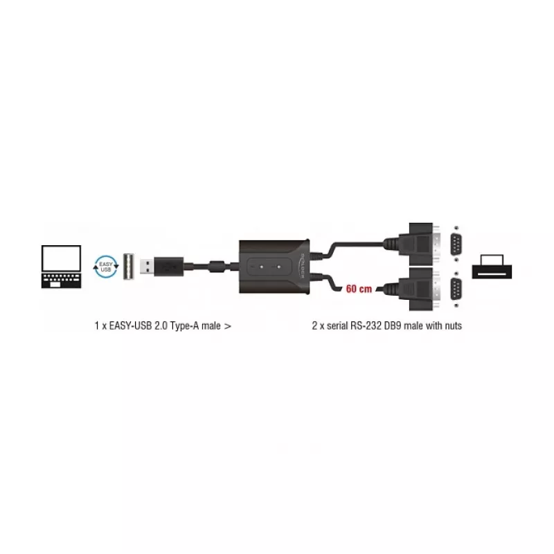 Serial Cable DeLOCK 63950 USB 2.0 Type-A 2 x RS-232 DB9 Black 0.6 m