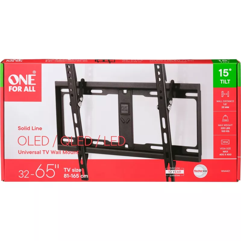 ONE For ALL Wall mount, WM 4421, 32-60 inch, Tilt, Maximum weight (capacity) 100 kg, VESA 100x100, 200x100, 200x200, 300x200, 300x300, 400x200, 400x300, 400x400 mm, Black