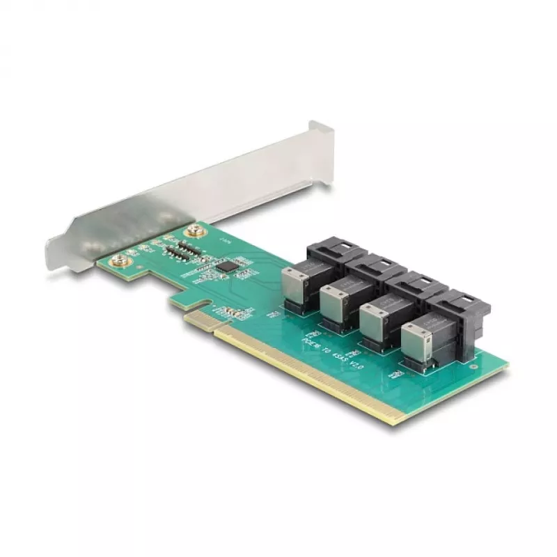 DELOCK PCIe x16 bifurcation card to 4× internal SFF-8643 NVMe, low-profile