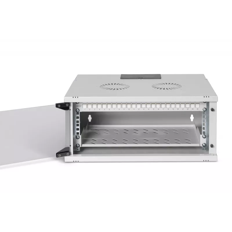 DIGITUS SOHO Pro 4U Wall-Mount Network Set, 19 inch 540x400mm, Light Grey, Includes Cat.6 Patch Panel, Shelf, Power Strip