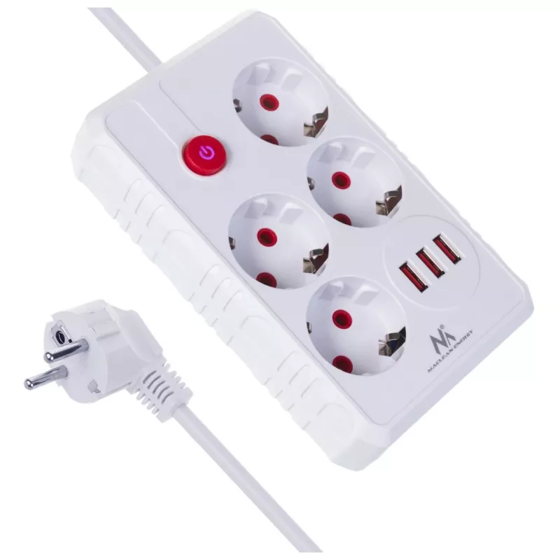 Power strip MACLEAN MCE392 W — 4 F sockets, 3×USB A, 110–240V, 2.1A max, 2500W, 1.5 m cable, white