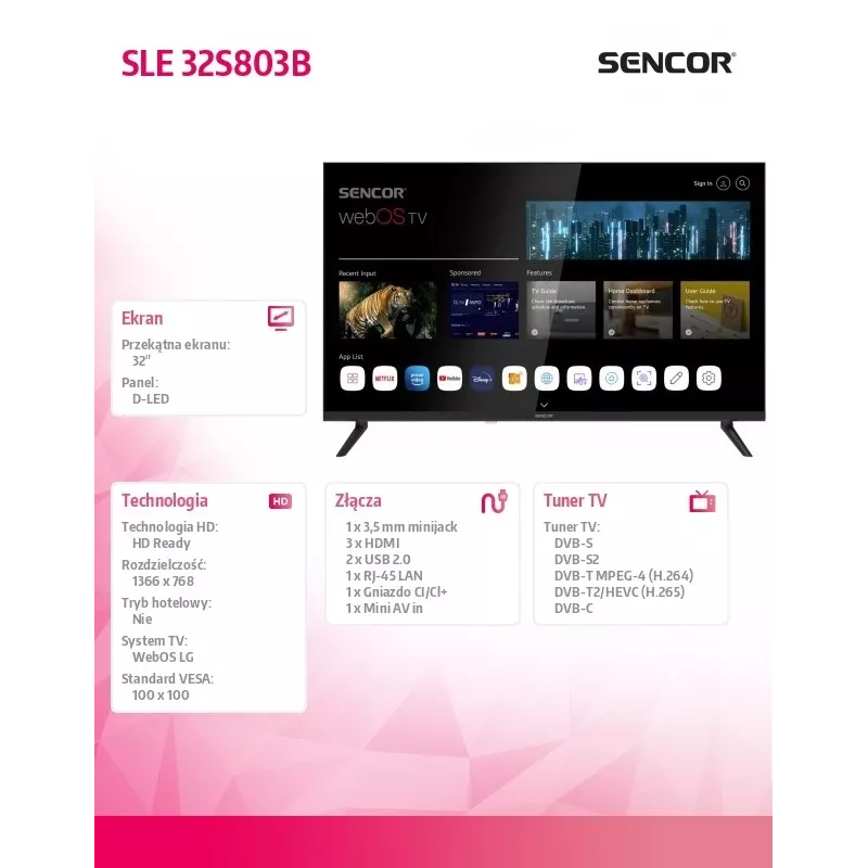 LED SMART TV SENCOR SLE 32S803B 32 inch webOS HD 1366×768, HDR10, Wi‑Fi, Bluetooth, DVB‑T/T2/C/S/S2, 3×HDMI, 2×USB
