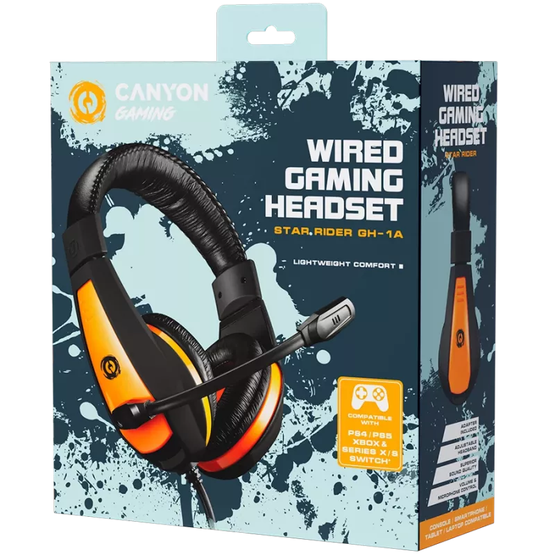 CANYON Star Raider GH-1A, Gaming headset 3.5mm jack with adjustable microphone and volume control, with 2in1 3.5mm adapter, cable 2M, Black, 0.23kg