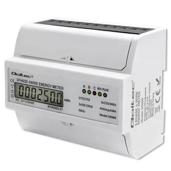 Qoltec Three Phase Bi-Directional Electronic Meter | DIN rail energy consumption meter | 400V | 100A | LCD | 4P
