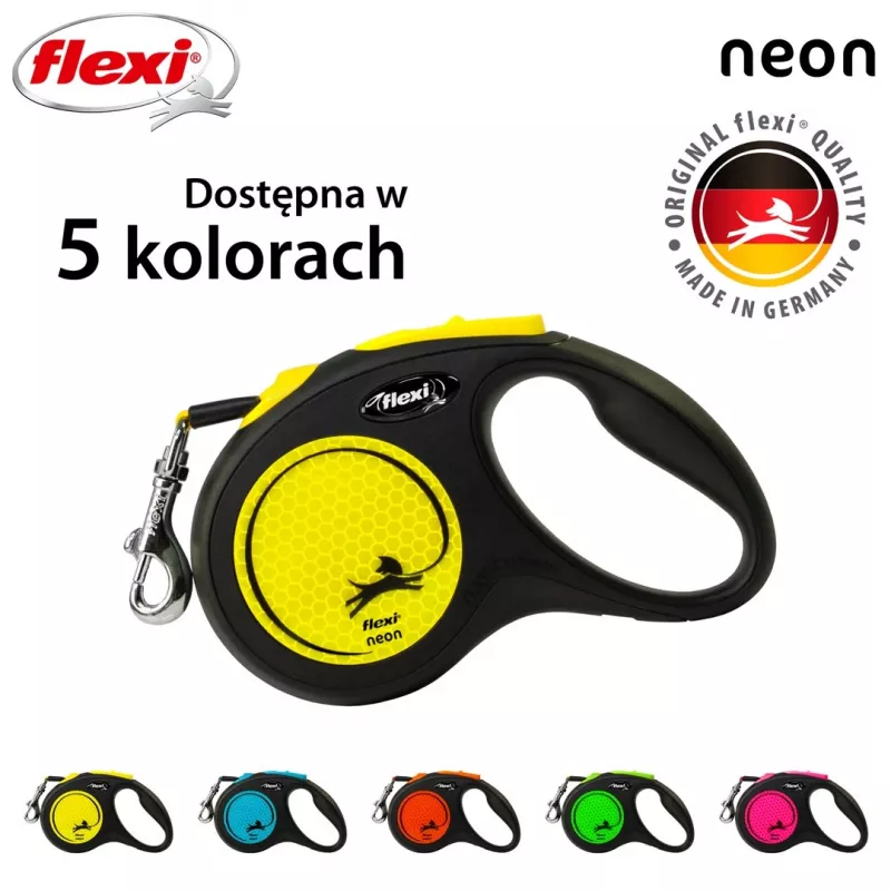 Retractable lead Flexi New NEON 5 m - tape leash, for small dogs up to 15 kg, black/yellow
