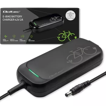 Ebike charger QOLTEC 50332 — 36V/42V output, 2A, 5.5×2.1 mm plug