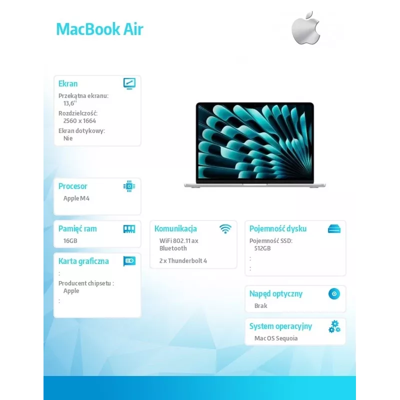 MacBook Air 13.6 inches: M4 10/10, 16GB, 512GB SSD, 35W, GER - Silver