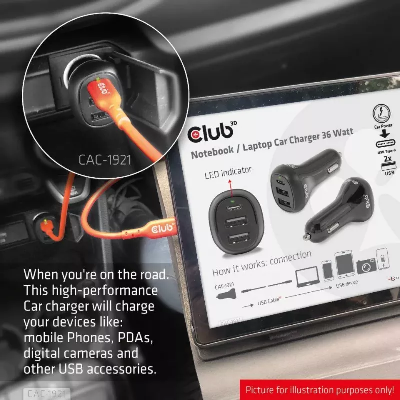 CLUB3D Notebook / Laptop Car Charger 36 Watt, Auto, Cigar lighter, 24 V, Black