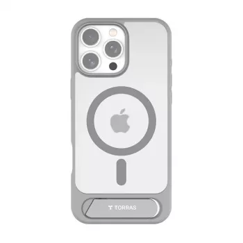 Protective phone case Torras Pstand Series for iPhone 16 Pro Max, gray, slim profile with integrated stand