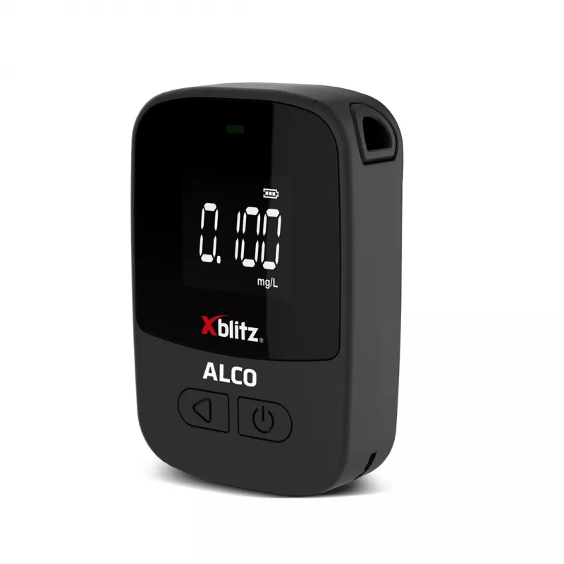 Handheld electrochemical alcohol tester Xblitz ALCO — BAC 0–4%, accuracy 0.05%, LCD, 5 mouthpieces, 2×1.5V batteries