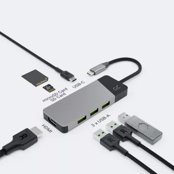USB Type-C hub Green Cell HUBGC01 — 7 ports: 3×USB-A 3.2 Gen 1, 1×USB-C 3.2 Gen 1, HDMI, microSD+SD card reader — Silver