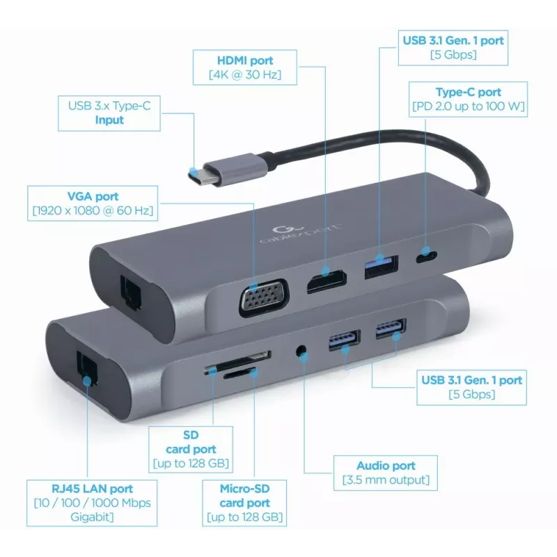 Gembird A-CM-COMBO7-01 notebook dock/port replicator USB 3.2 Gen 1 (3.1 Gen 1) Type-A Grey
