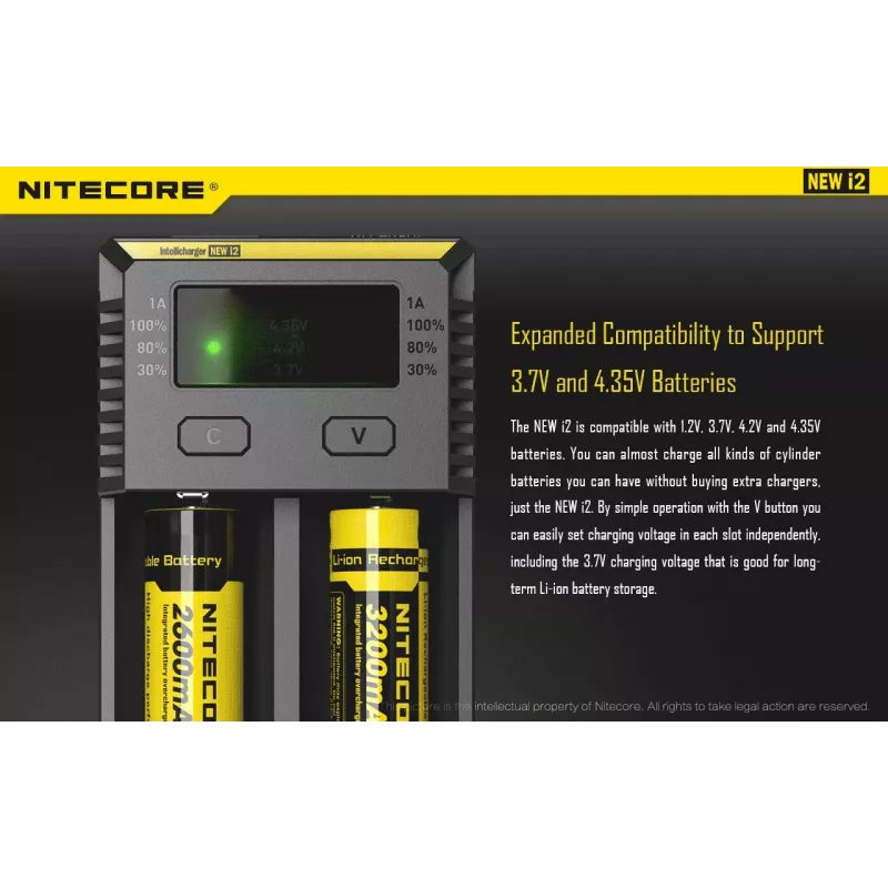 Battery Charger Nitecore NEW i2 — 2‑bay charger for LiFePO4, Li‑Ion, NiMH; input 100–240V; output 9–12V; supports AAAA/C/D/AAA/AA; black