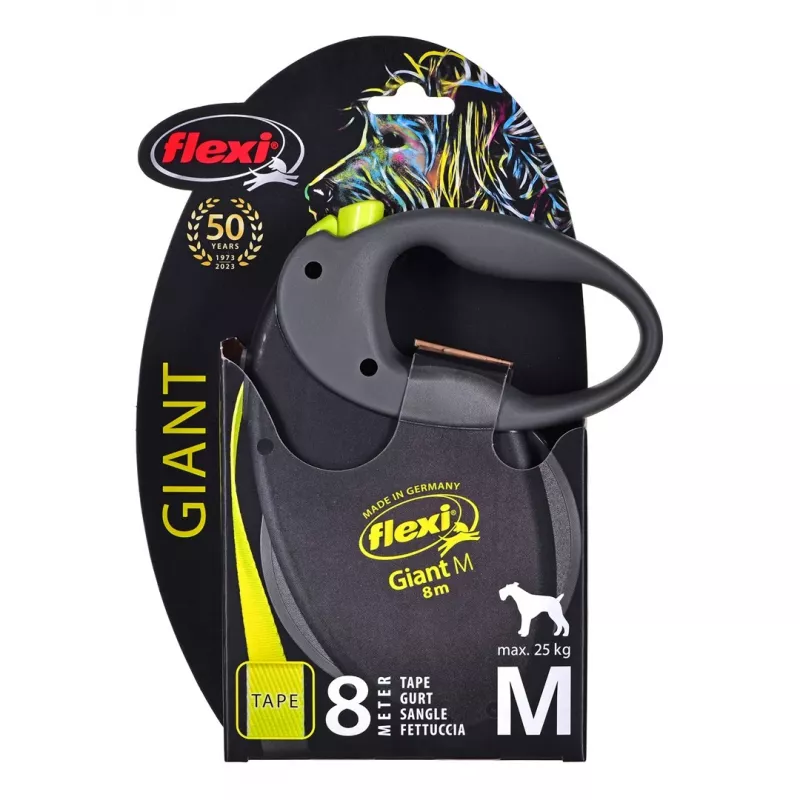 Retractable lead Flexi NEON GIANT M — 8 m tape leash, max load 25 kg, ergonomic handle, black/yellow