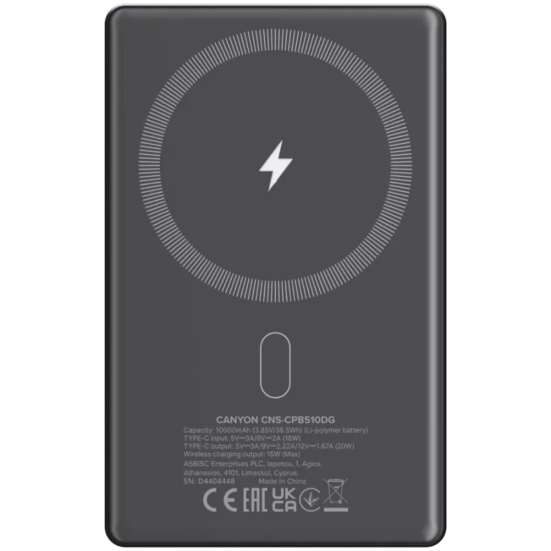 Canyon OnCharge 510 - Powerbank - 10.000 mAh - in USB-C - out USB-C PD 20W + Wireless Magnet