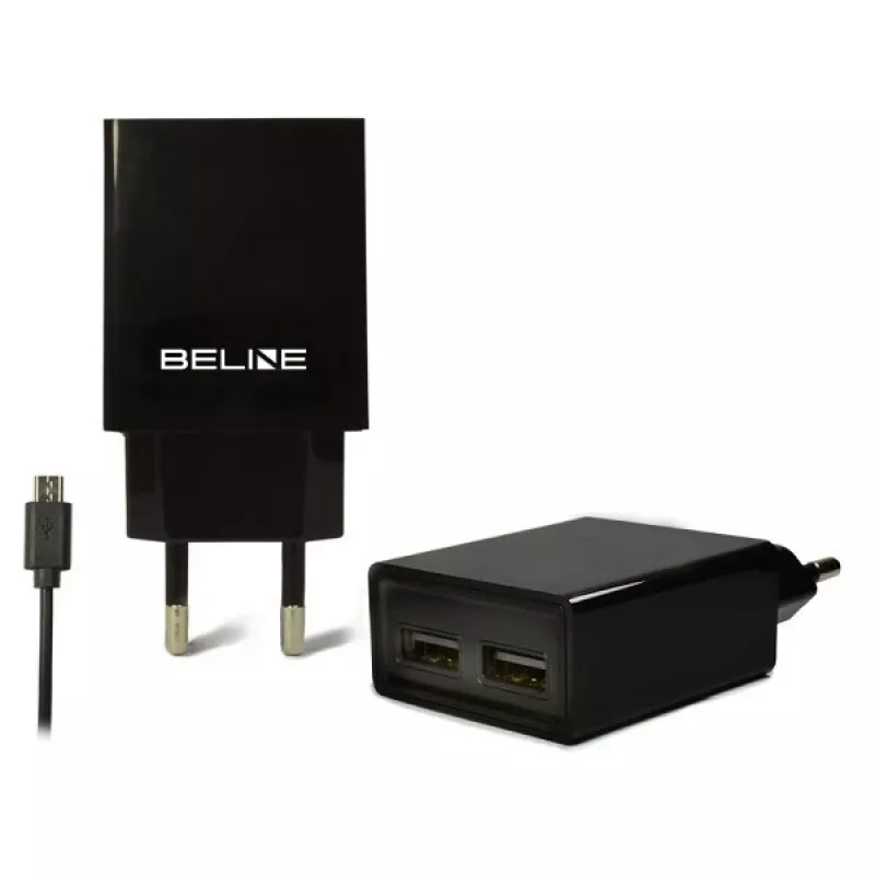 Travel charger Beline Beli0011 — 2×USB ports, microUSB cable, 2A output, black