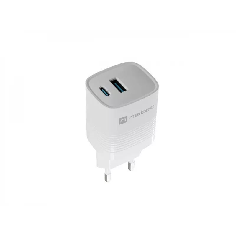 Wired mobile device charger NATEC NUC-2140, 30W, USB-C PD 3.0 + USB-A, Samsung AFC, White