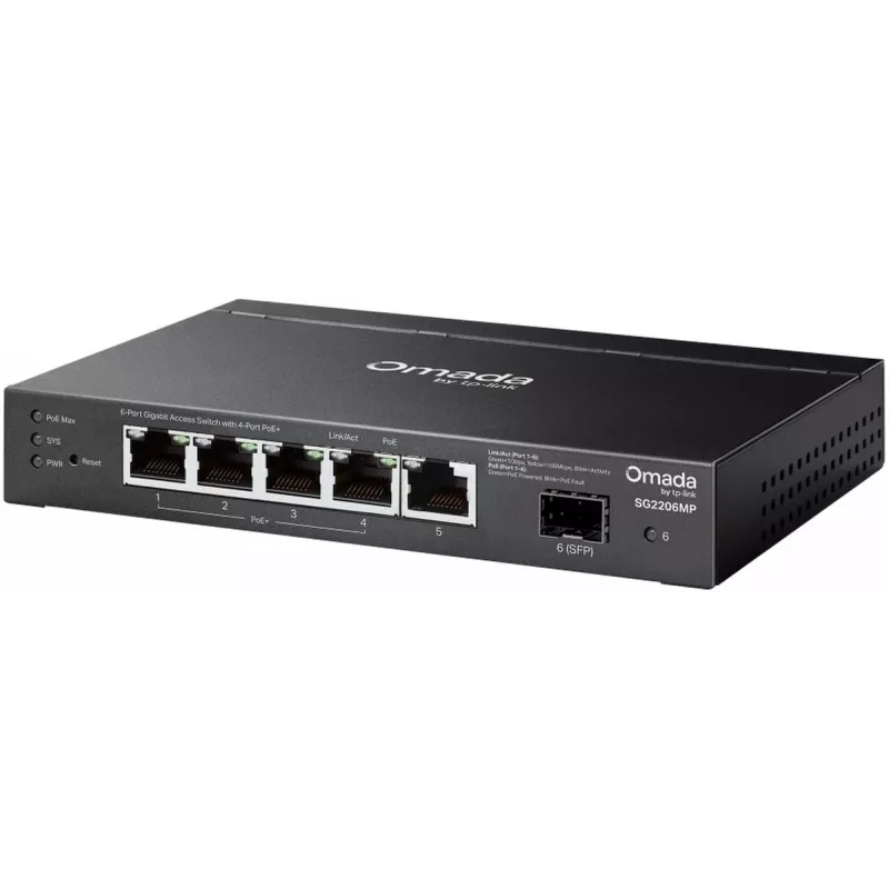Network switch TP‑LINK SG2206MP L2 Gigabit Ethernet PoE 5‑port (5x Gigabit, 1x SFP, PoE+ 4 ports, 63W budget)