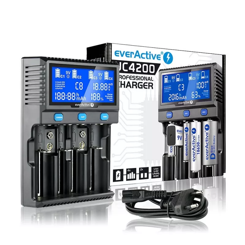 everActive UC-4200 Universal AC Battery Charger 12V 3A, supports AA/AAA/C/9V, 4 cells, black, built-in display