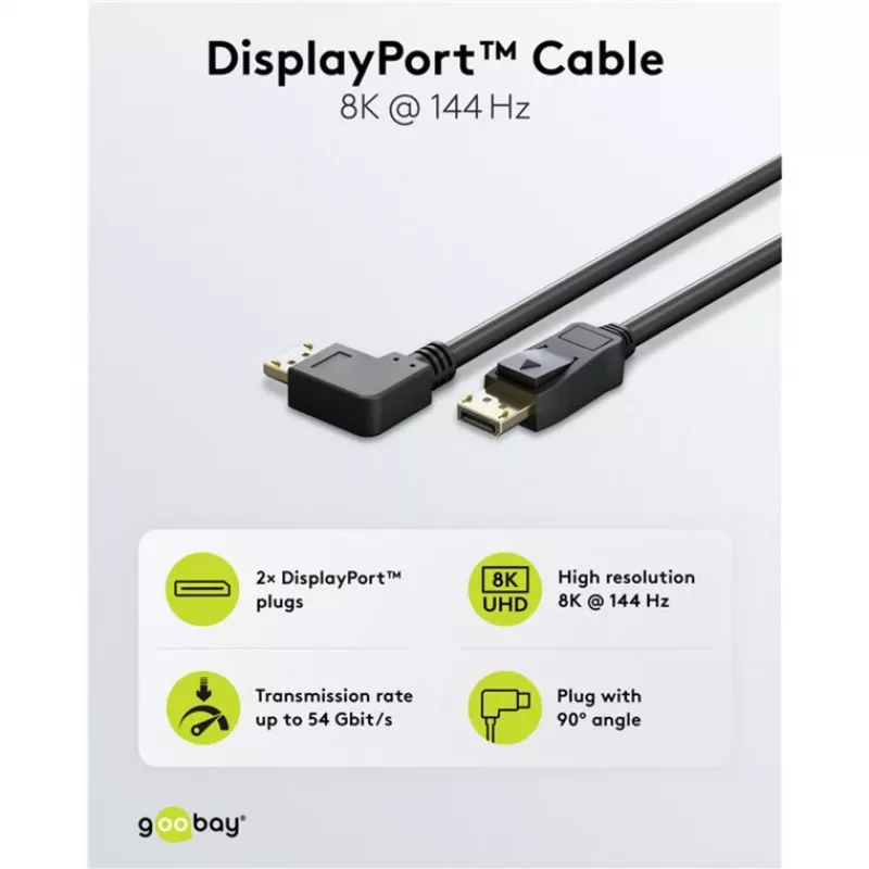 Cable DisplayPort Plug 90° > DisplayPort Plug, 8K / 144Hz (black, 2 Meter, 1 Plug 90° side-angled, 54 Gbit/s, DisplayPort 2.0 / 2.1)