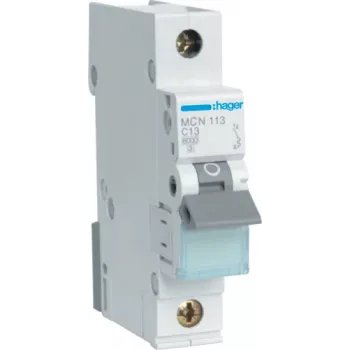 Hager MCN113. Number of Poles: 1P. AC Input Frequency: 50/60 Hz, Nominal Current Output: 13 A. Width: 17,5 mm, Depth: 70 mm, Height: 83 mm (MCN113)