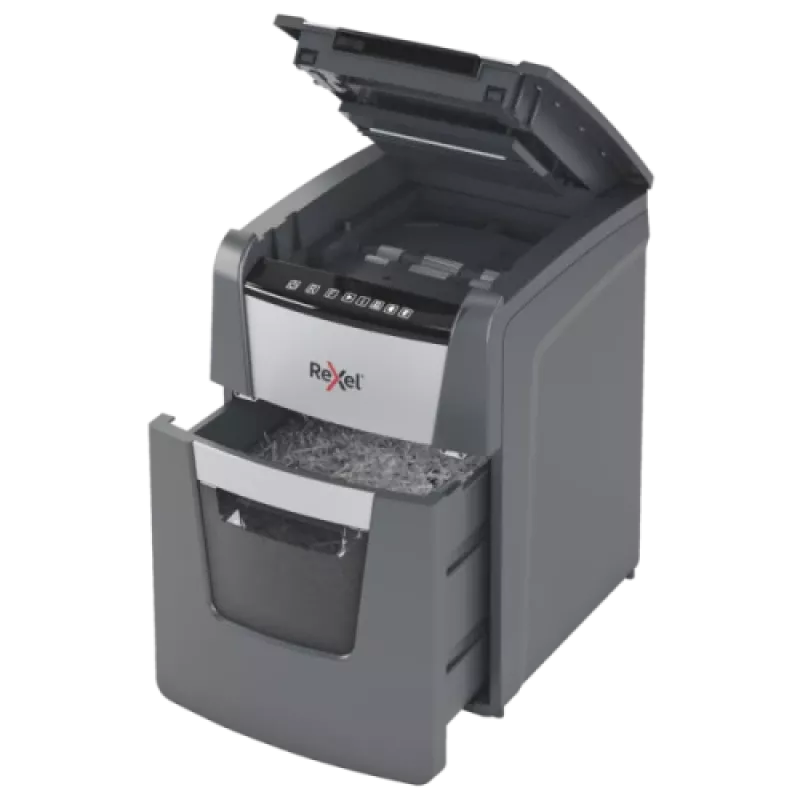 Paper shredder REXEL Optimum AutoFeed+ 100X — 100-sheet auto feed, 4 x 28 mm cross-cut, 34 L bin, aluminium