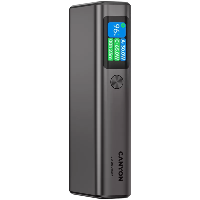 Canyon OnPower 230 TFT power bank, 20000 mAh, PD 130 W, 2x USB-C + USB-A, metal case, Dark Grey