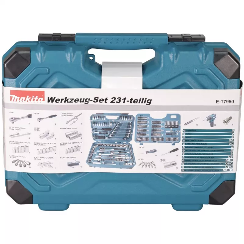 Handwerkzeug-Set E-17980, 231-teilig blau, mit 2 Umschaltknarren, 1/4 und 1/2, Koffer